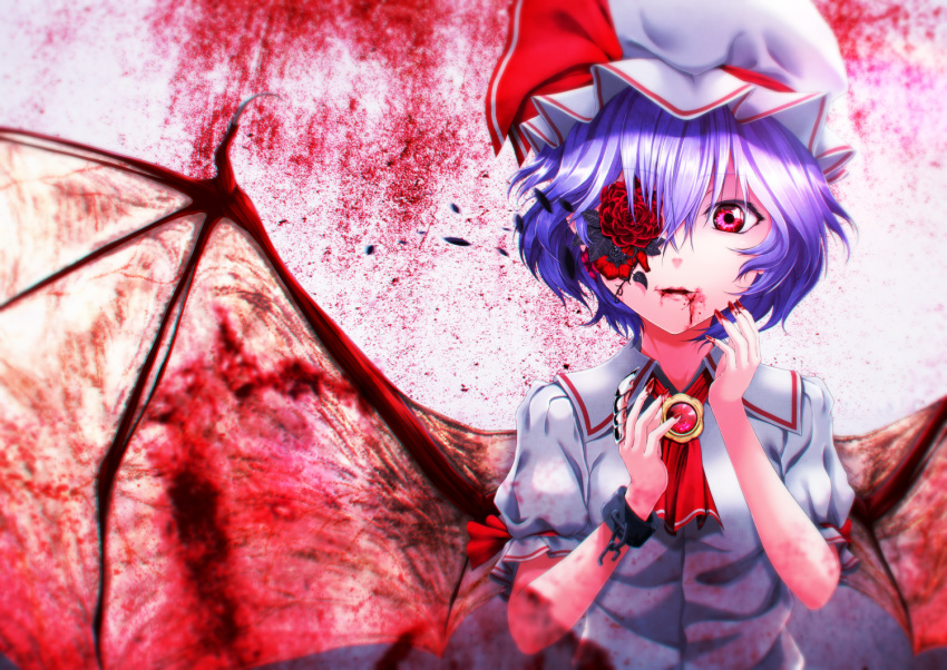 1girl aono_meri bangs bat_wings blood blood_in_mouth blood_on_face bloody_wings bow broken broken_chain brooch chain claws cuffs flower_eyepatch frills hat hat_ribbon jewelry mob_cap nail_polish neckerchief parted_lips petals puffy_short_sleeves puffy_sleeves purple_hair red_bow red_eyes red_flower red_nails red_ribbon remilia_scarlet ribbon shackles short_hair short_sleeves solo touhou upper_body wings