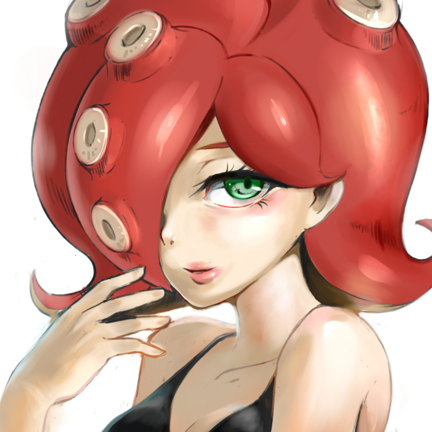 1girl bare_shoulders green_eyes hair_over_one_eye highres lips looking_at_viewer mask mask_removed octarian redhead simple_background smile solo splatoon takozonesu tank_top tentacle_hair tentacles white_background