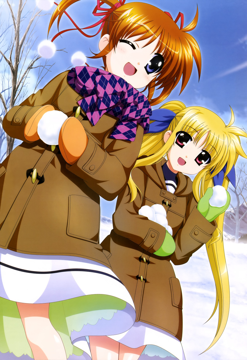 2girls :d ;d absurdres blonde_hair brown_hair coat dress fate_testarossa hair_ribbon higa_yukari highres long_hair long_sleeves lyrical_nanoha mahou_shoujo_lyrical_nanoha mittens multiple_girls nyantype official_art one_eye_closed open_mouth red_eyes ribbon scan scarf school_uniform shiny shiny_hair short_hair short_twintails smile snow snowball takamachi_nanoha twintails violet_eyes winter