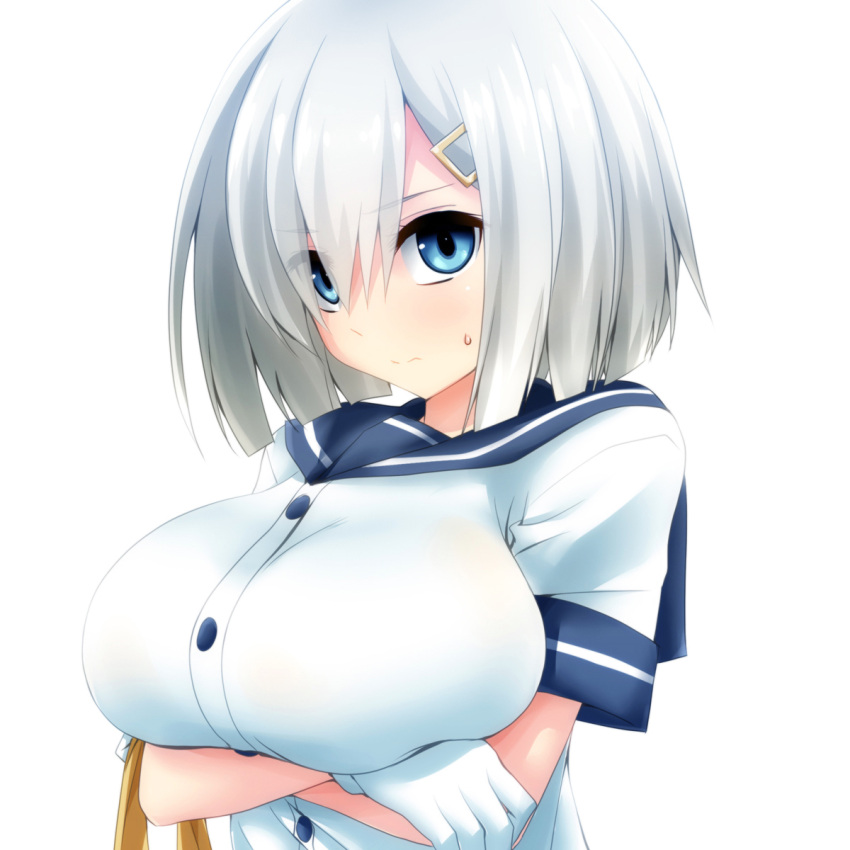 1girl 3: 3:&lt; blue_eyes breast_hold breasts closed_mouth crossed_arms eyebrows eyebrows_visible_through_hair eyes_visible_through_hair gloves hair_ornament hair_over_one_eye hairclip hamakaze_(kantai_collection) highres kantai_collection large_breasts looking_at_viewer ribbon school_uniform serafuku short_hair short_sleeves silver_hair simple_background solo sweat upper_body watarui wavy_mouth white_background white_gloves white_hair yellow_ribbon