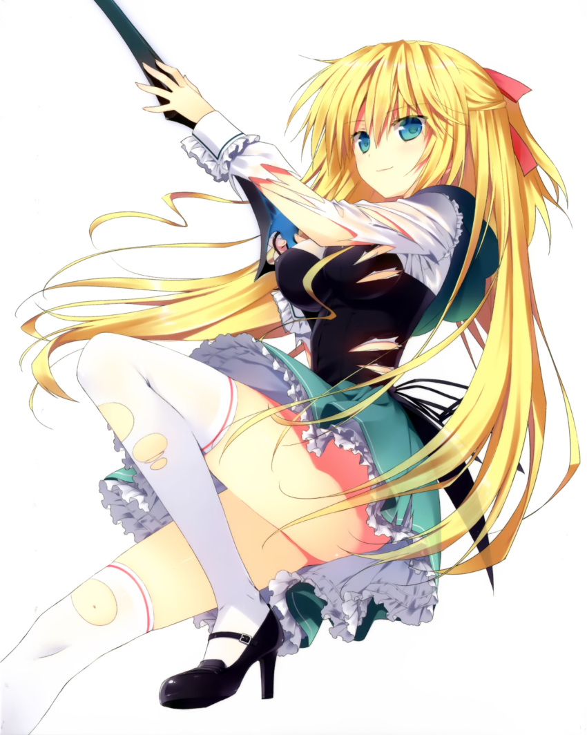 1girl absolute_duo absurdres asaba_yuu blonde_hair blue_eyes green_skirt hair_ribbon highres holding_weapon lilith_bristol long_hair red_ribbon ribbon simple_background skirt smile solo thigh-highs torn_clothes torn_thighhighs white_background white_legwear