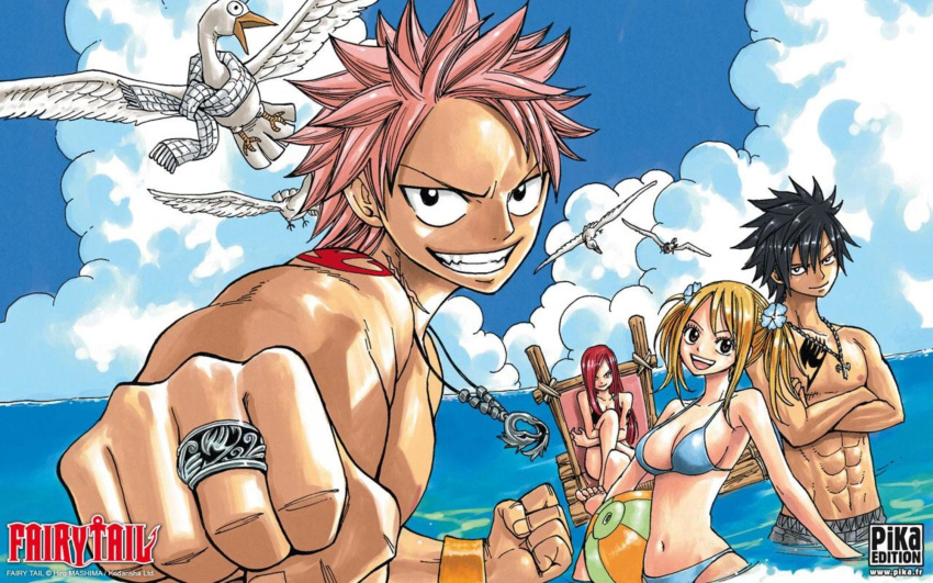 2boys 2girls artist_name bikini black_hair blonde_hair blue_bikini breasts cleavage copyright_name erza_scarlet flower gray_fullbuster hair_ornament highres jewelry long_hair lucy_maria_misora mashima_hiro multiple_boys multiple_girls natsu_dragneel navel necklace ocean official_art outdoors pink_hair redhead short_twintails sideboob solo spiky_hair swimsuit tattoo twintails