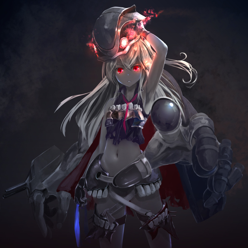 1girl arm_at_side arm_up armpits bangs belt black_background black_gloves buckle cannon cowboy_shot crop_top destroyer_water_oni extra_arms gloves glowing glowing_eyes grey_skin hair_between_eyes hand_on_headwear headgear highres kantai_collection kouji_(astral_reverie) long_hair looking_at_viewer midriff navel reaching red_eyes ribbon shinkaisei-kan sleeveless solo teeth thigh_strap turret very_long_hair white_hair