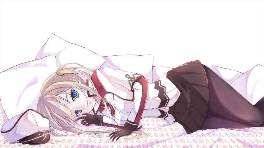 1girl black_gloves black_legwear black_skirt blonde_hair blue_eyes collar dying0414 expressionless gloves graf_zeppelin_(kantai_collection) hair_ribbon hat hat_removed headwear_removed highres iron_cross kantai_collection lying military military_uniform navel necktie on_side pantyhose parted_lips peaked_cap pillow pleated_skirt ribbon short_hair skirt solo two_side_up uniform