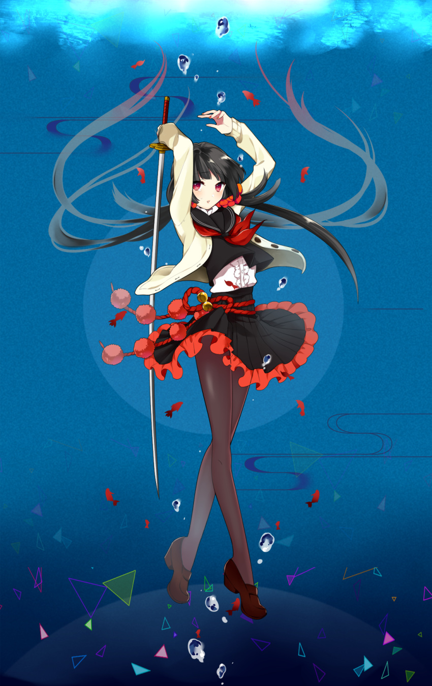 1girl arms_up bell beniko black_hair black_legwear black_serafuku black_skirt bubble cardigan fingernails fish frilled_skirt frills highres holding_sword holding_weapon katana loafers long_hair looking_at_viewer low_twintails nail_polish open_cardigan open_clothes pantyhose pleated_skirt red_eyes red_fingernails red_nails school_uniform scrunchie serafuku shapes shoes skirt solo sword touran-sai twintails underwater very_long_hair weapon