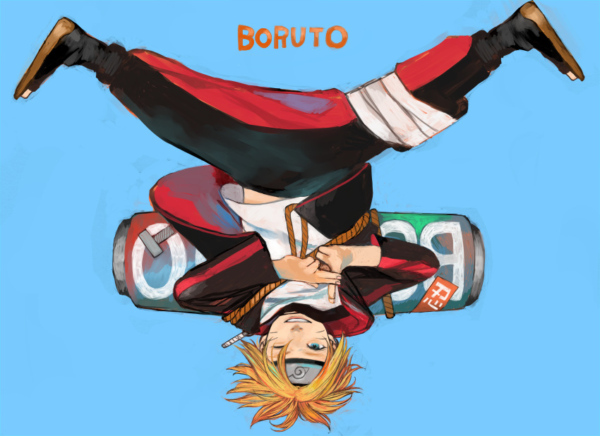 1boy absurdres bandaged_leg bandages blonde_hair blue_background blue_eyes boruto:_naruto_the_movie character_name facial_mark forehead_protector full_body highres jacket junjunforever konohagakure_symbol legs_apart long_sleeves looking_at_viewer male_focus naruto one_eye_closed pants rope scroll shirt simple_background solo spiky_hair t-shirt toeless_legwear upside-down upskirt uzumaki_boruto whiskers