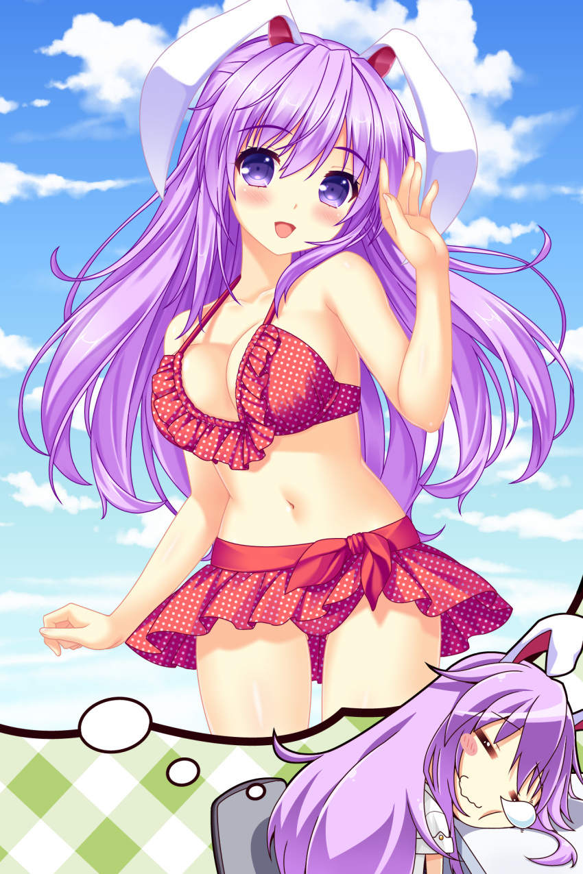 1girl :d animal_ears bare_arms bare_shoulders bikini bikini_skirt blue_sky breasts cleavage closed_eyes dreaming head_on_table highres houkiboshi looking_at_viewer midriff navel open_mouth purple_hair rabbit_ears red_bikini reisen_udongein_inaba shirt sky sleeping smile solo stomach swimsuit touhou violet_eyes waving white_shirt