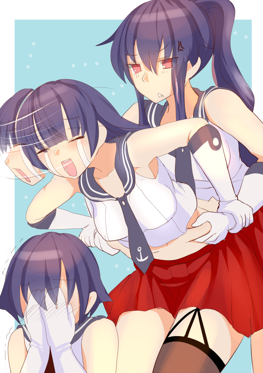 /\/\/\ 3girls agano_(kantai_collection) anchor_symbol anger_vein angry asymmetrical_legwear bare_shoulders belly_grab blue_hair blush breasts closed_eyes commentary_request covering_face crying garter_straps gloves grabbing grabbing_from_behind hair_between_eyes hands_on_own_face highres ishikkoro kantai_collection large_breasts long_hair midriff multiple_girls navel necktie open_mouth pleated_skirt ponytail purple_hair red_eyes sakawa_(kantai_collection) school_uniform serafuku short_hair single_thighhigh skirt thigh-highs weight_conscious white_gloves yahagi_(kantai_collection)