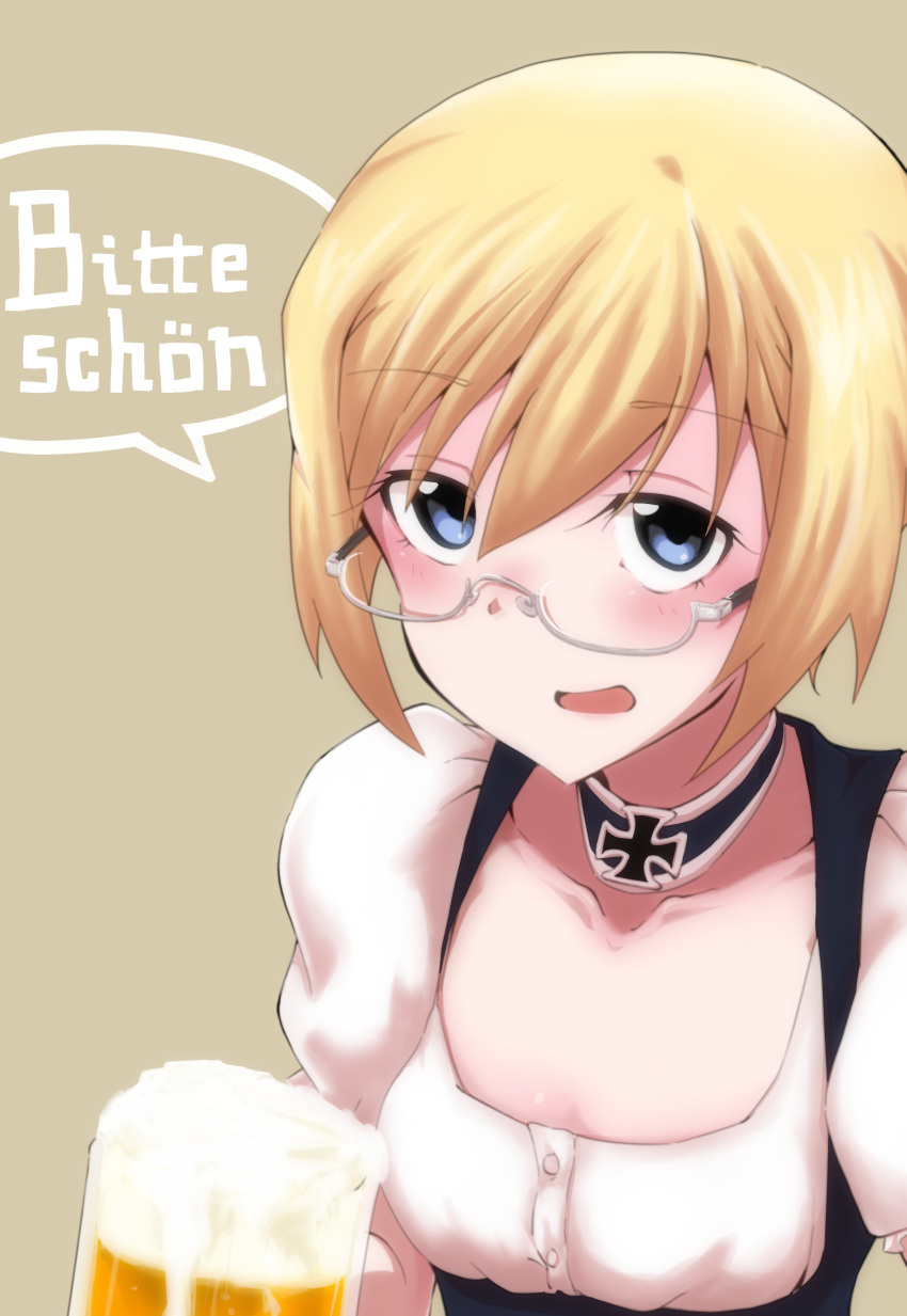 1girl absurdres alcohol beer blonde_hair blue_eyes dirndl german german_clothes glasses highres looking_at_viewer nasubi4499 open_mouth short_hair solo strike_witches translated ursula_hartmann