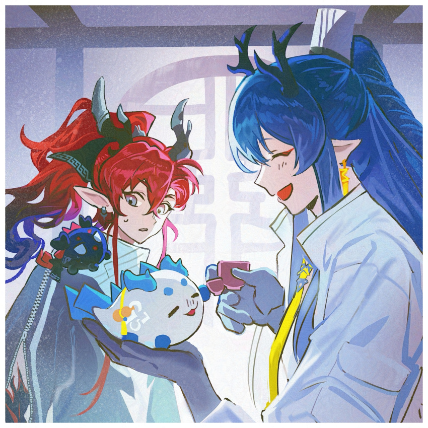 1boy 1girl arknights blue_hair brother_and_sister cup dragon_boy dragon_girl dragon_horns earrings eastern_dragon_horns grey_eyes highres holding holding_cup horns jacket jewelry ling_(arknights) long_hair open_mouth pointy_ears ponytail red_hair siblings tacotako white_jacket yu_(arknights)