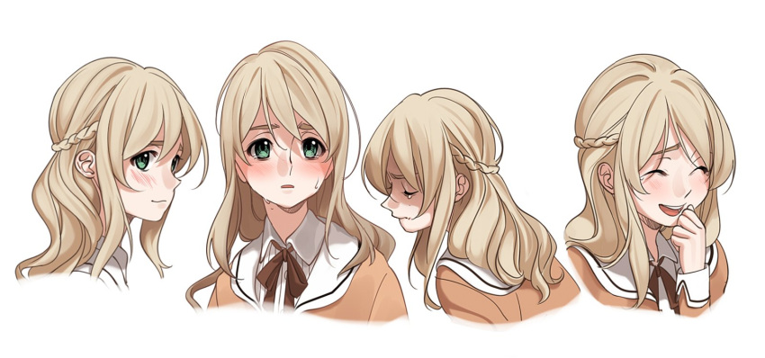 1girl ^_^ aconitea blonde_hair blush character_request closed_eyes expressions green_eyes half_updo highres laughing long_hair school_uniform solo tears