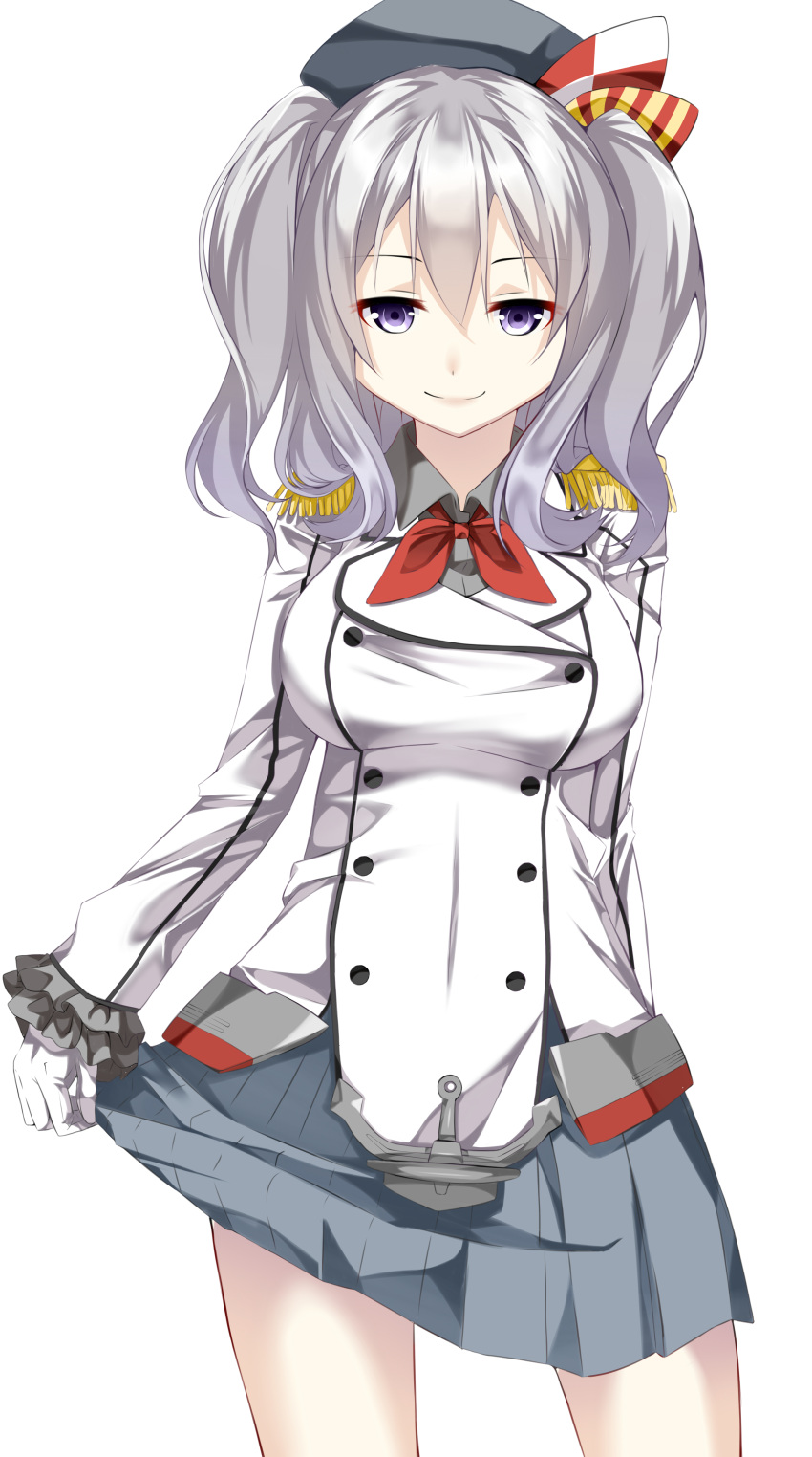 1girl absurdres all-a arms_behind_back beret breasts buttons epaulettes gloves hat highres jacket kantai_collection kashima_(kantai_collection) kerchief large_breasts long_hair looking_at_viewer military military_uniform miniskirt silver_hair simple_background skirt skirt_hold smile solo tsurime twintails uniform violet_eyes wavy_hair white_background white_gloves