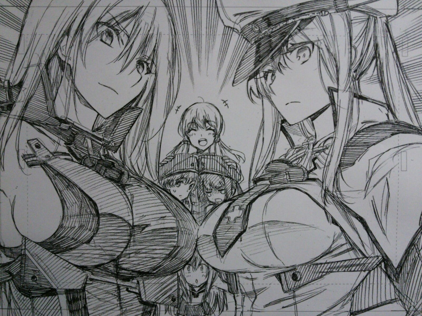 6+girls anchor anchor_hair_ornament bismarck_(kantai_collection) breasts capelet crop_top cross graf_zeppelin_(kantai_collection) greyscale hair_ornament hat hat_removed headwear_removed highres iron_cross kantai_collection kojima_takeshi laughing long_hair looking_at_viewer military military_hat military_uniform monochrome multiple_girls necktie peaked_cap prinz_eugen_(kantai_collection) ro-500_(kantai_collection) sailor_hat school_swimsuit sidelocks sweat swimsuit tears traditional_media tsurime twintails uniform z1_leberecht_maass_(kantai_collection) z3_max_schultz_(kantai_collection)