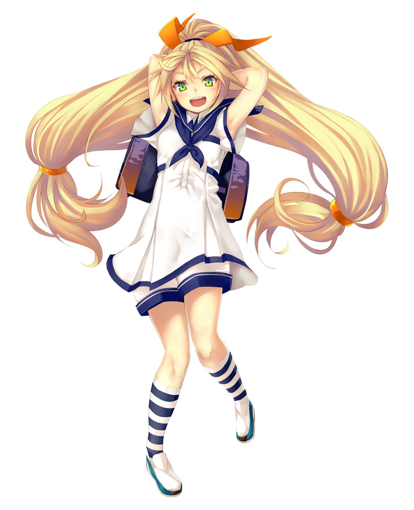 1girl arms_behind_head blonde_hair full_body green_eyes hair_ribbon highres long_hair looking_at_viewer low-tied_long_hair mascot ntny official_art ootori_kohaku open_mouth orange_ribbon personification ribbon simple_background socks solo striped striped_legwear unity_(game_engine) very_long_hair white_background