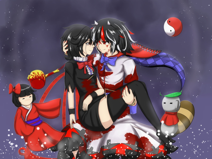 2girls asymmetrical_wings black_hair blood blood_on_face bloody_clothes bloody_weapon carrying doll dress epic_armageddon horns houjuu_nue injury jizou kijin_seija miracle_mallet multicolored_hair multiple_girls princess_carry red_eyes redhead short_hair tears touhou weapon white_hair wings