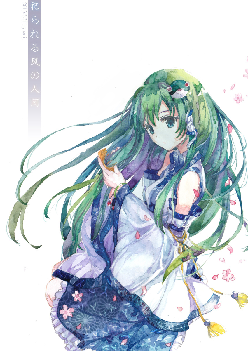 1girl 2013 absurdres bangs bracelet cherry_blossoms comb combing derivative_work detached_sleeves floral_print frog_hair_ornament from_side green_eyes green_hair hair_ornament hair_tubes highres japanese_clothes jewelry kochiya_sanae long_hair miko petals simple_background sitting solo tassel text touhou traditional_media very_long_hair watercolor_(medium) weifugu white_background