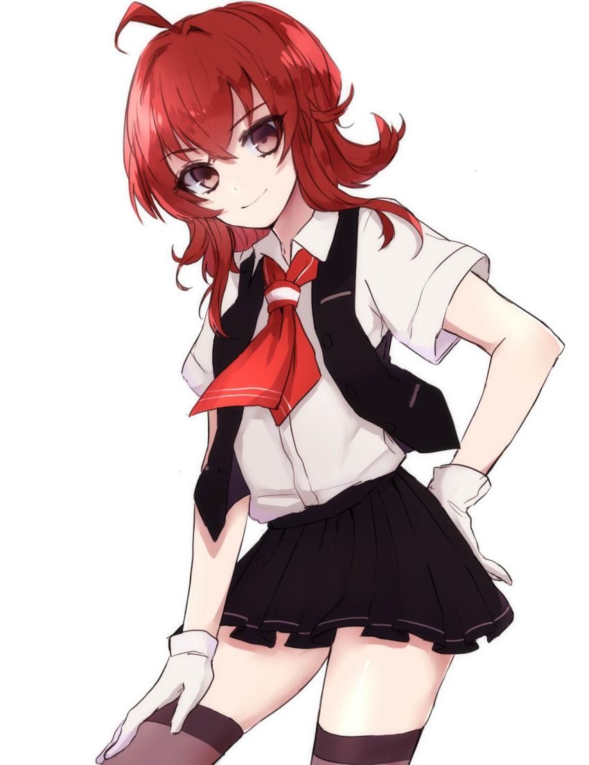 1girl arashi_(kantai_collection) gloves highres kantai_collection long_hair redhead school_uniform skirt smile solo vest