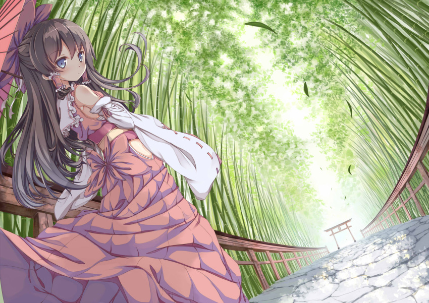 1girl alternate_hair_length alternate_hairstyle arm_ribbon bamboo bamboo_forest black_hair blue_eyes blush bow day detached_sleeves expressionless fence forest from_behind ging1993 hair_bow hair_ribbon hair_tubes hakurei_reimu highres long_hair long_skirt looking_back looking_to_the_side nature oriental_umbrella perspective petals red_skirt ribbon ribbon-trimmed_sleeves ribbon_trim sarashi shiny shiny_hair skirt sleeveless solo stone_walkway sunlight torii touhou umbrella wind