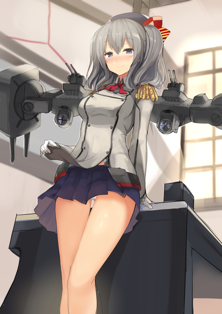 1girl bangs beret blue_skirt cannon closed_mouth double-breasted epaulettes eyebrows eyebrows_visible_through_hair from_below gloves grey_eyes grey_hair haik hair_between_eyes hat highres indoors kantai_collection kashima_(kantai_collection) lifted_by_self long_hair long_sleeves looking_at_viewer military military_uniform miniskirt panties pantyshot pantyshot_(standing) pleated_skirt searchlight shirt_lift sketch skirt smile solo standing striped table thigh_gap turret underwear uniform upskirt wavy_hair weapon white_gloves white_panties window