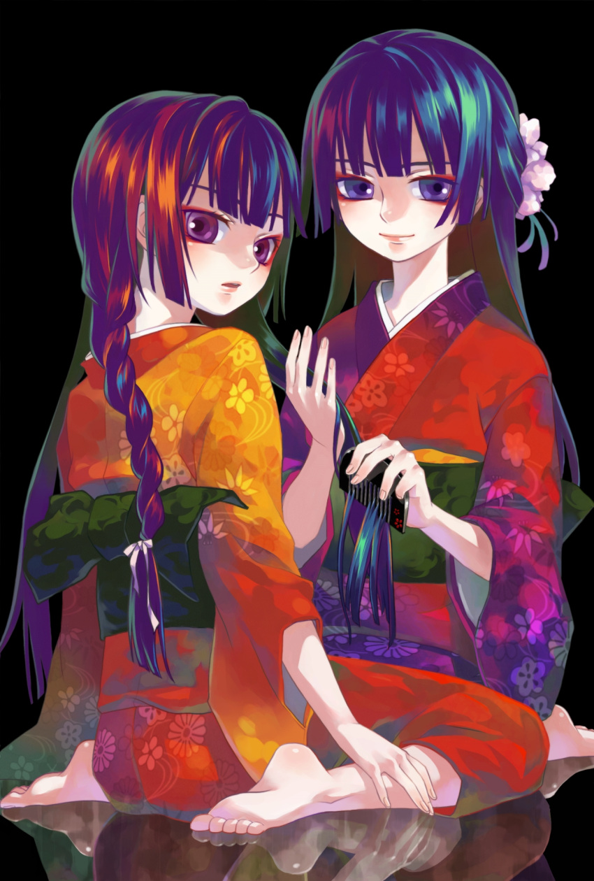 barefoot braid comb combing feet hairdressing highres japanese_clothes kimono long_hair looking_back minami_seira multicolored_hair multiple_girls original purple_eyes reflection violet_eyes