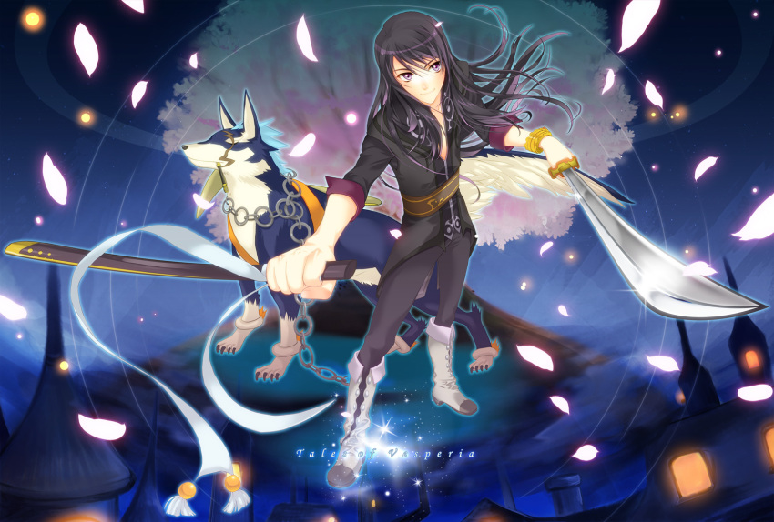 bad_id cherry_blossoms dog highres long_hair male repede sakura shikago sword tales_of_(series) tales_of_vesperia title_drop weapon yuri_lowell