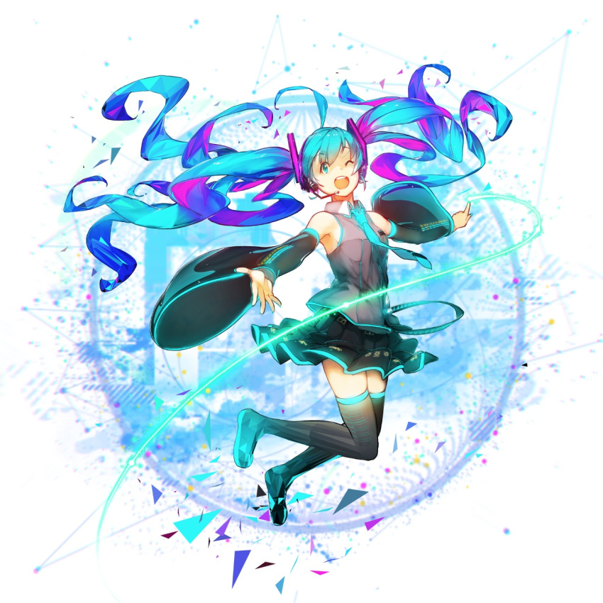 1girl aqaqico aqua_eyes boots detached_sleeves floating_hair hatsune_miku headset highres jumping long_hair looking_at_viewer multicolored_hair necktie one_eye_closed open_mouth skirt smile solo thigh-highs thigh_boots twintails very_long_hair vocaloid white_background zettai_ryouiki