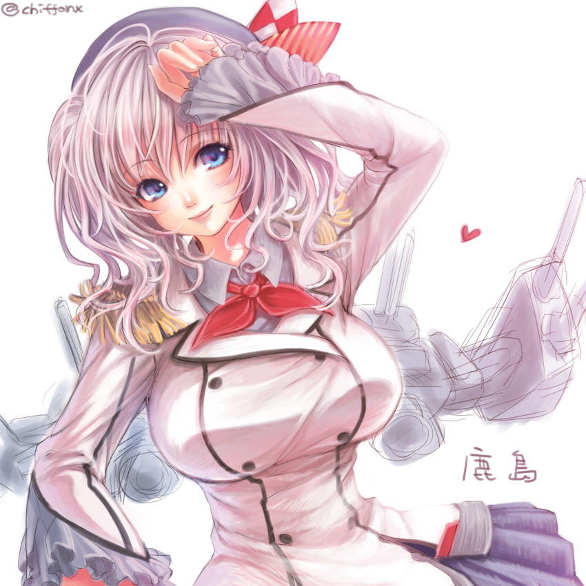 1girl alternate_eye_color beret blue_eyes breasts character_name collared_shirt frilled_sleeves frills grey_hair hand_up hat heart highres jacket kantai_collection kashima_(kantai_collection) kerchief large_breasts lips long_hair long_sleeves mii@chiffonx military military_uniform no_gloves nose pleated_skirt shading_eyes shirt simple_background sketch skirt smile solo turret twitter_username uniform upper_body wavy_hair white_background white_jacket