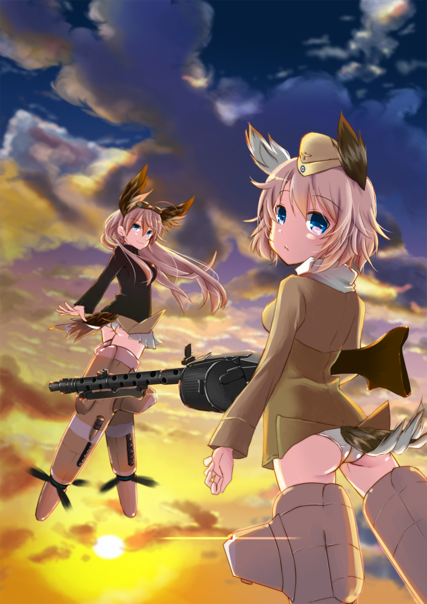 2girls blue_eyes clouds commentary floating_hair flying garrison_cap goggles goggles_on_head gun hanna-justina_marseille hat head_wings highres lens_flare long_hair looking_at_viewer looking_back machine_gun mg34 multiple_girls pink_hair raisa_pottgen scarf short_hair sky smile strike_witches striker_unit sun sunset suomio tail uniform weapon