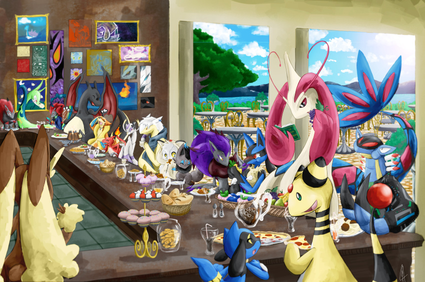 absurdres ampharos armaldo berry blush bread cafe canine charizard charmeleon cookie cupcake eating everyone floatzel food fruit grapes highres huge_filesize lopunny lucario mammal meatballs mienshao milotic nintendo onixtymime pasta pizza pokemon pokemon_(creature) riolu serperior shiny_pokemon spaghetti video_game zoroark zorua