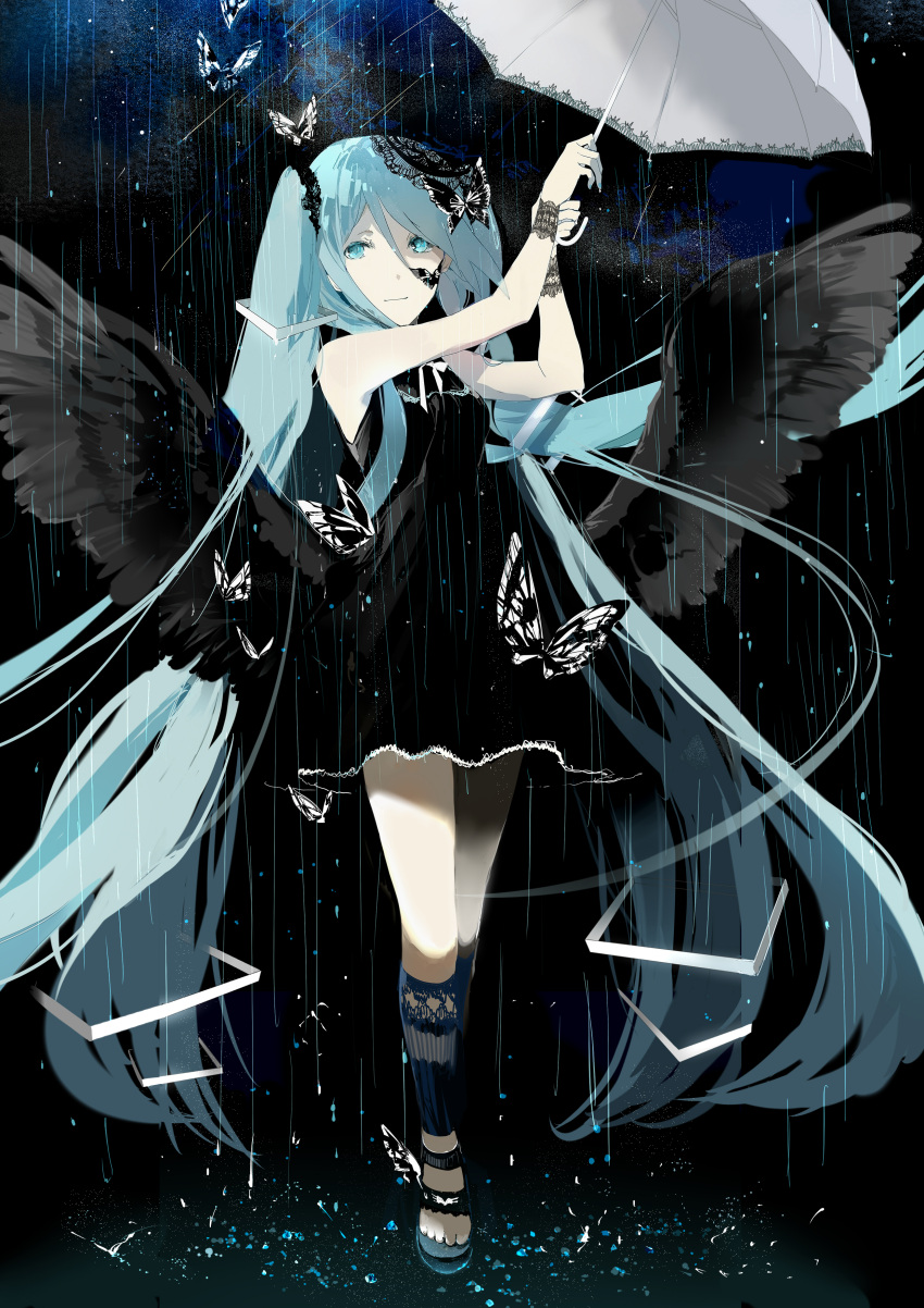 1girl absurdres bare_shoulders black_dress black_wings blue_eyes blue_hair blue_nails butterfly dress floating_hair full_body glycan hair_between_eyes hair_ornament hatsune_miku highres insect long_hair low_wings nail_polish no_socks pale_skin rain ribbon sandals sleeveless sleeveless_dress smile solo twintails umbrella very_long_hair vocaloid water white_ribbon white_umbrella wings