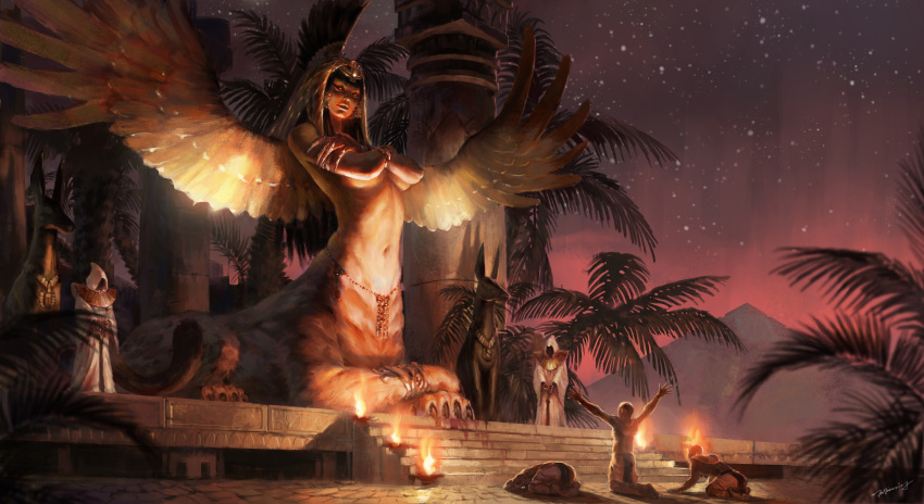 absurdres anklet anubis black_hair claws crossed_arms dusk earrings egypt egyptian egyptian_clothes fire highres jewelry kneeling long_hair looking_down navel outstretched_arms palm_tree paws pillar priest pyramid red_eyes sphinx star statue tree wings