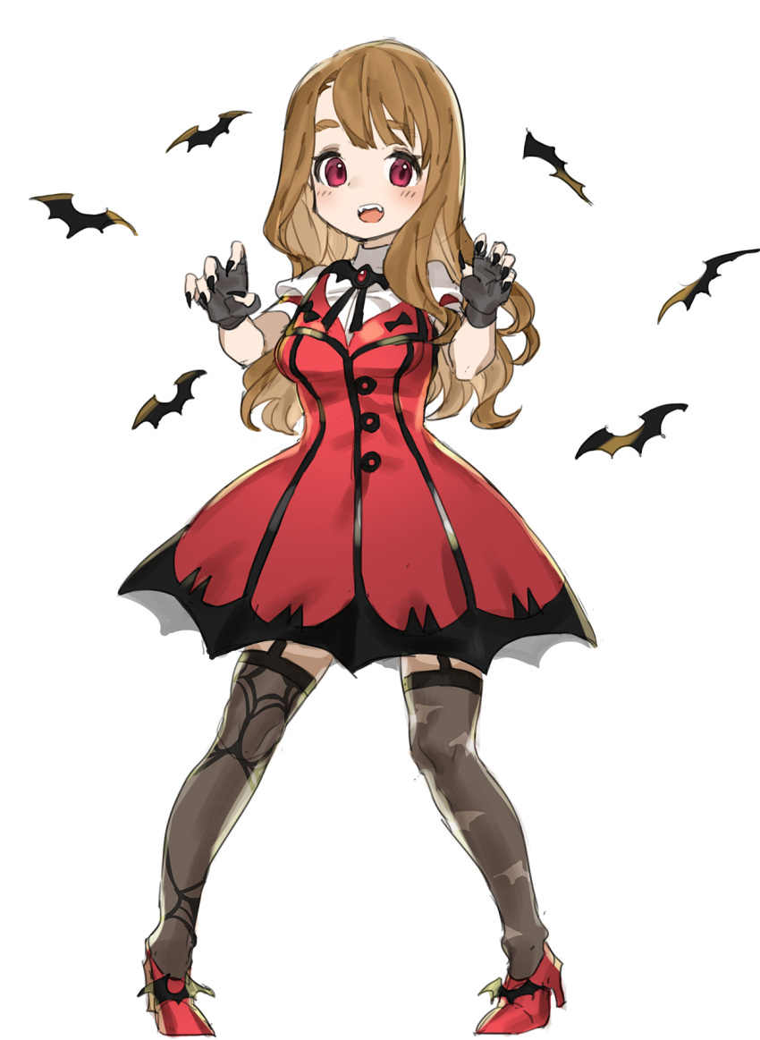 1girl bat black_nails blush brown_hair character_request curly_hair dress fangs fingerless_gloves fingernails full_body garter_straps gloves highres idolmaster idolmaster_cinderella_girls long_fingernails long_hair looking_at_viewer my_dear_vampire nail_polish open_mouth red_dress red_eyes solo spawnfoxy standing thigh-highs