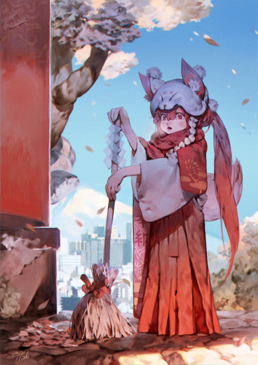 1girl animal_ears animal_hat bamboo_broom blue_sky blush breath broom building city fox_ears fox_hat fox_tail full_body hair_between_eyes hakama hat highres holding_broom japanese_clothes leaf long_hair miko motion_blur mount_fuji open_mouth original outdoors pink_eyes pink_hair pom_pom_(clothes) ponytail red_scarf rope scarf shide shimenawa shrine signature sky solo standing sweeping tail transparent tree very_long_hair wide_sleeves yotsuyu
