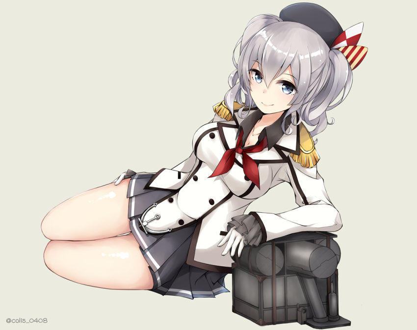 1girl arm_support blue_eyes breasts colis_(regunm772) elbow_rest epaulettes frilled_sleeves frills gloves hand_on_own_thigh hat kantai_collection kashima_(kantai_collection) kerchief large_breasts machinery military military_uniform miniskirt pleated_skirt silver_hair simple_background skirt smile solo twintails twitter_username uniform wavy_hair white_gloves