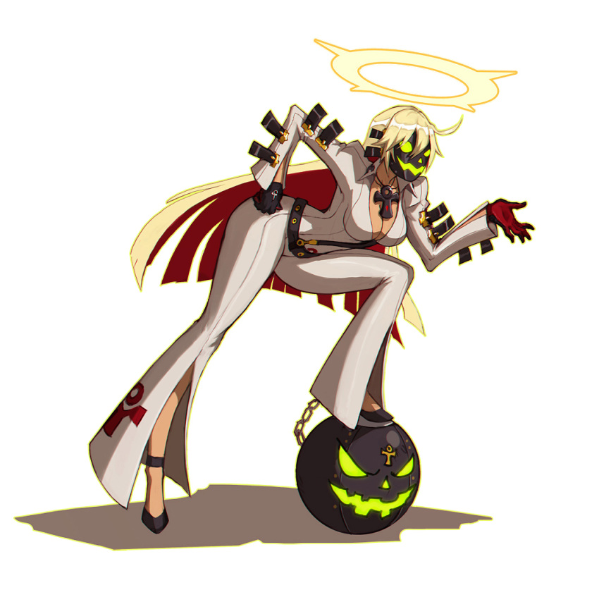 1girl ankh ball_and_chain_restraint bellbottoms belt bent_over bodysuit breasts cleavage full_body gloves green_eyes guilty_gear guilty_gear_xrd halo hand_on_hip jack-o_(guilty_gear) jewelry leaning_forward liyart long_hair mask multicolored_hair necklace solo two-tone_hair very_long_hair white_hair