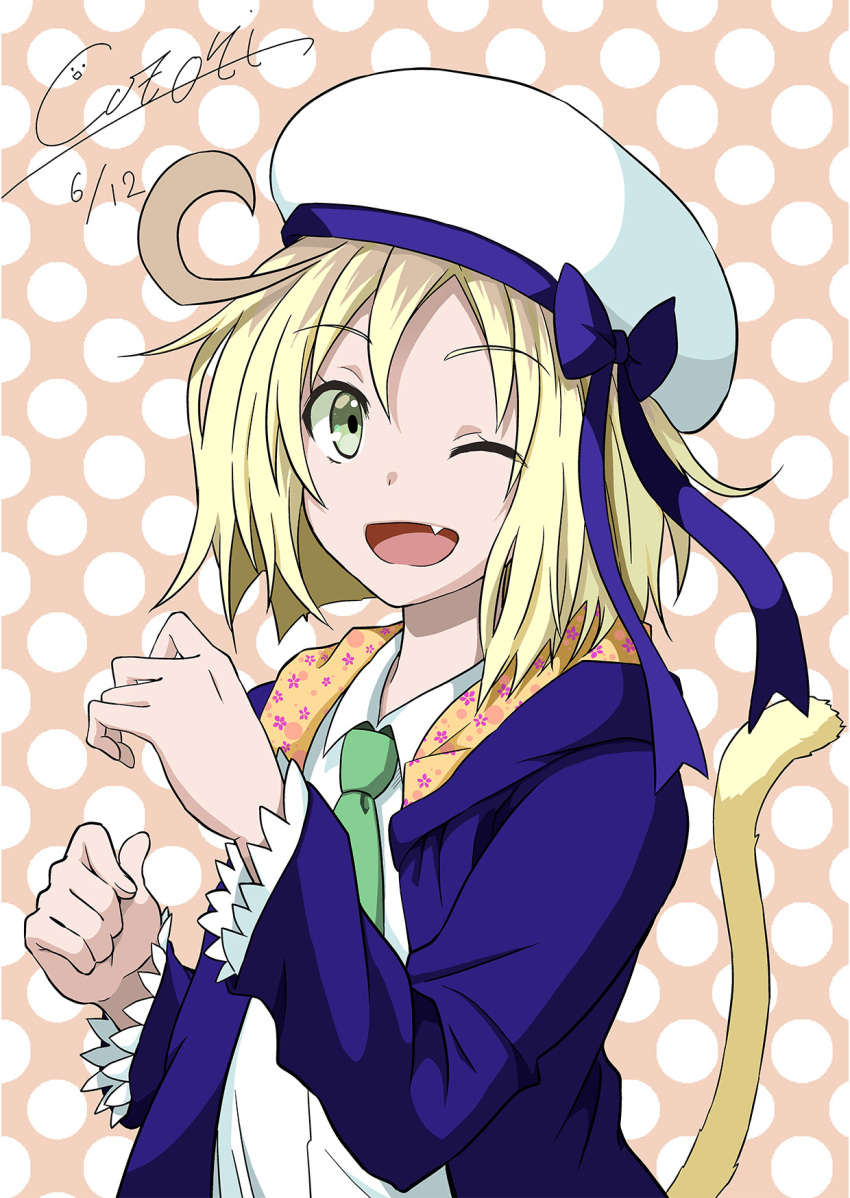 1girl ;d blonde_hair cat_tail cototiworld fang green_eyes hat hat_ribbon highres looking_at_viewer necktie one_eye_closed open_mouth polka_dot polka_dot_background ribbon short_hair signature smile solo spica_(yumekui_merry) tail yumekui_merry