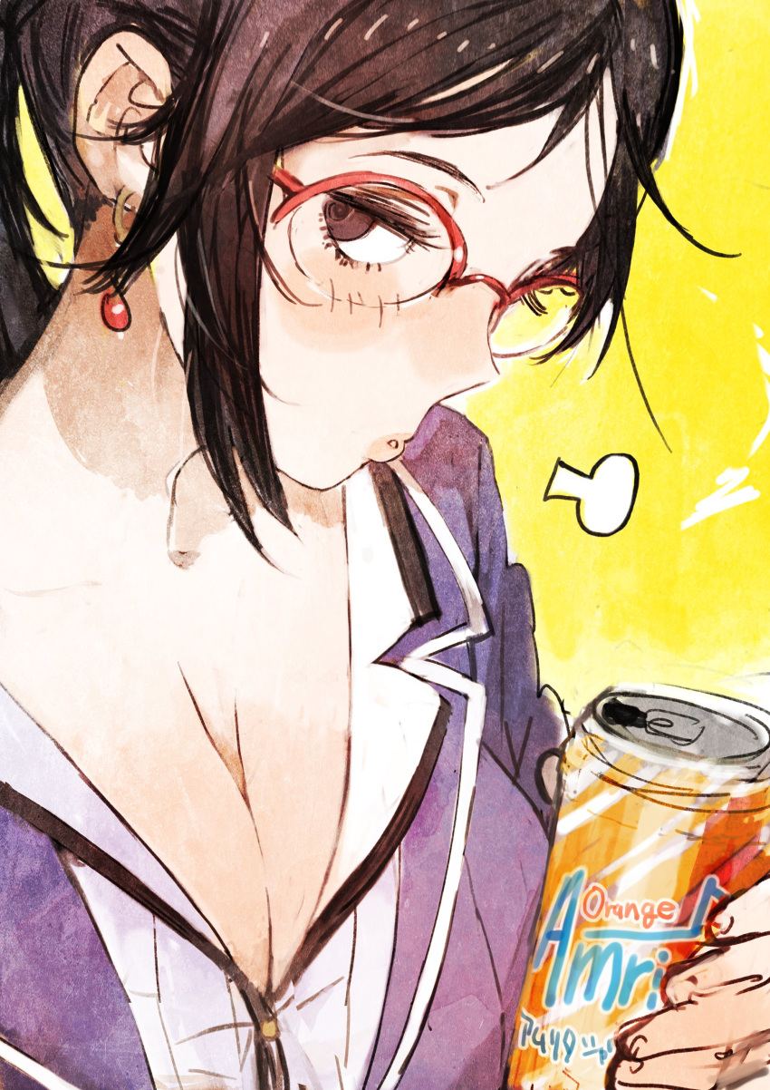1girl absurdres breasts brown_eyes brown_hair cleavage drink gen'ei_ibunroku_sharp_fe glasses highres large_breasts lips looking_at_viewer shimazaki_maiko sigh solo toi8 yellow_background