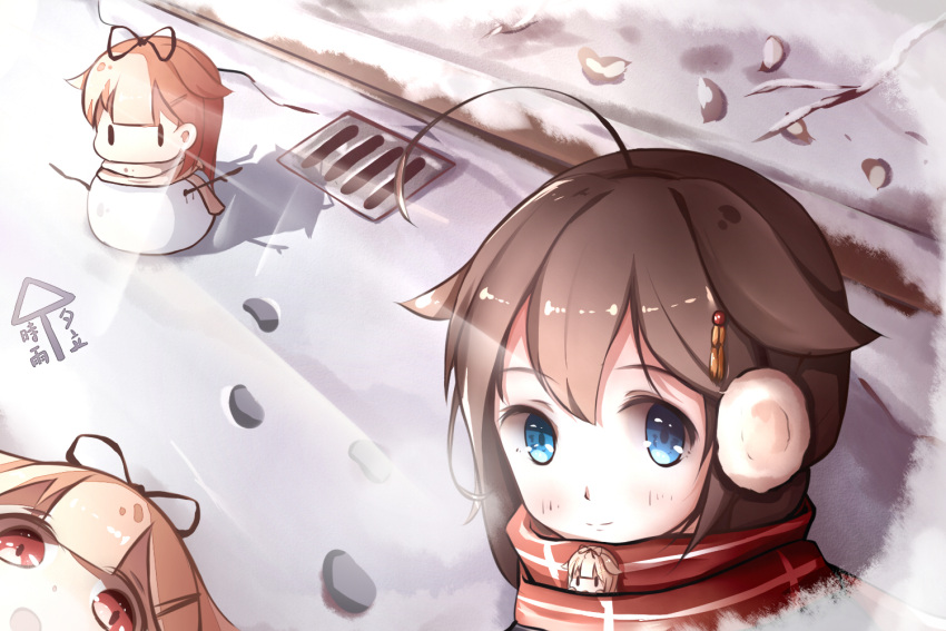 2girls black_ribbon blonde_hair blue_eyes brown_hair closed_mouth commentary_request earmuffs hair_flaps hair_ornament hair_ribbon hairclip kantai_collection kotori_photobomb long_hair multiple_girls pxlily red_eyes remodel_(kantai_collection) ribbon scarf shigure_(kantai_collection) smile snow winter yuudachi_(kantai_collection) |_|