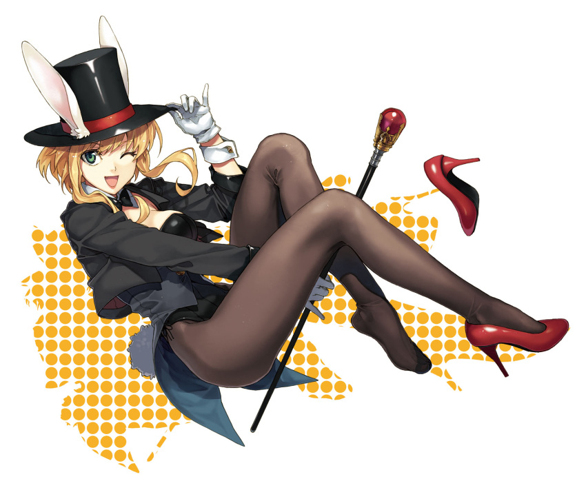 1girl :d animal_ears bangs black_bowtie black_hat black_jacket black_legwear black_leotard bowtie breasts bunny_girl bunny_tail bunnysuit bustier cane cropped_jacket detached_collar fake_animal_ears female full_body gloves green_eyes hat hat_ribbon hat_tip high_heels highres holding holding_hat jacket leotard lipstick long_sleeves looking_at_viewer luna_(reclaimed_land) makeup no_shoes one_eye_closed open_mouth original pantyhose pinky_out polka_dot rabbit_ears red_ribbon red_shoes ribbon shoes shoes_removed short_hair_with_long_locks side-tie_leotard single_shoe smile solo tail top_hat white_gloves wrist_cuffs
