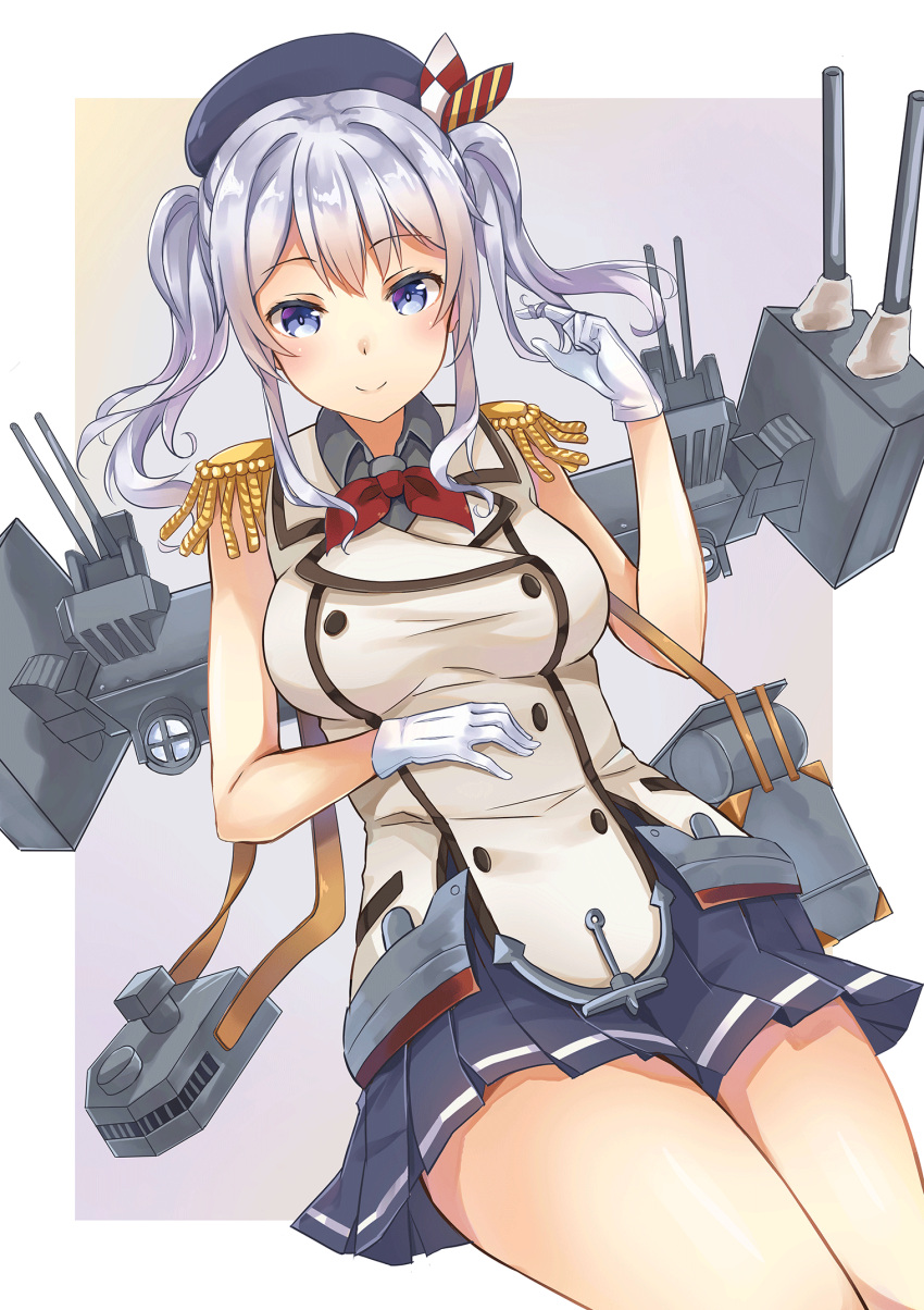 1girl blue_eyes breasts epaulettes gloves highres jacob_dream_world kantai_collection kashima_(kantai_collection) large_breasts long_hair machinery miniskirt silver_hair skirt smile solo twintails