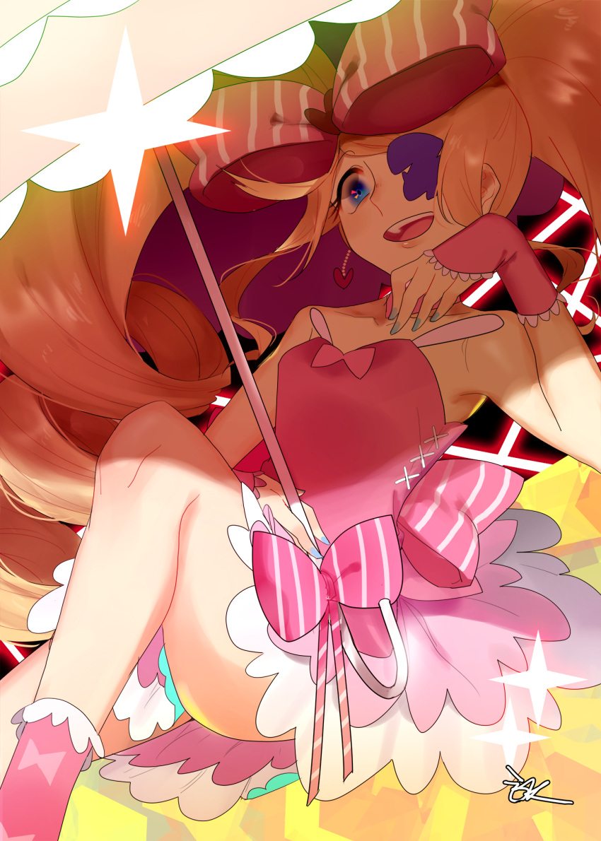1girl arm bare_arms bare_legs bare_shoulders blonde_hair blue_eyes bow choker dress drill_hair earrings eyepatch female hair_bow hakei harime_nui heart heart_earrings highres holding jewelry kill_la_kill legs long_hair nail_polish open_mouth parasol pink_dress ribbon sitting smile solo strapless strapless_dress teeth twintails umbrella very_long_hair