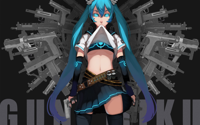 1girl absurdres bandolier battle_rifle explosive fn_fal glowing glowing_eyes grenade gun handgun hatsune_miku highres long_hair m1911 mac-10 pistol rifle school_uniform serafuku solo submachine_gun tdi_vector very_long_hair vocaloid weapon