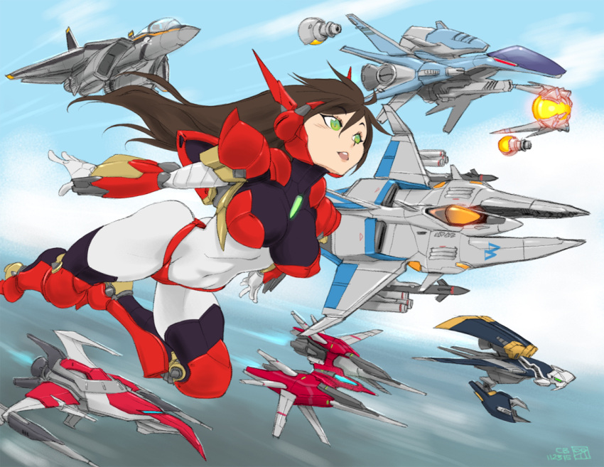 1girl a-jax arrowhead_(r-type) bit_(r-type) bodysuit brown_hair character_request commentary_request covered_navel crossover darius einhander flying gradius green_eyes guardic_gaiden jason_robinson long_hair macross mecha_musume multiple_crossover r-gray_1 r-type raystorm space_craft starfighter vf-1 vic_viper