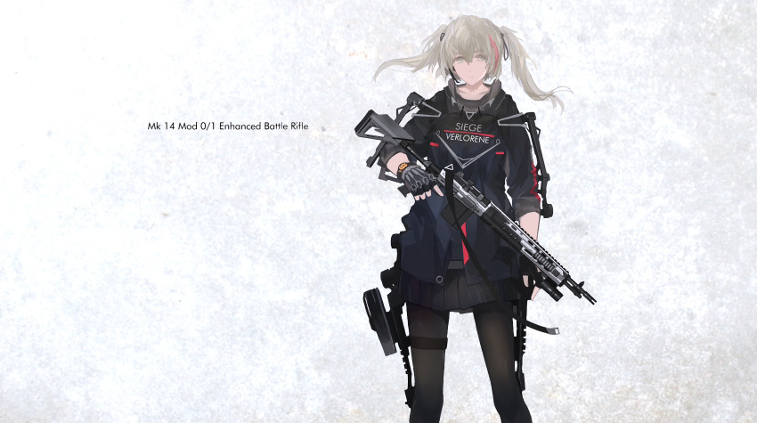 1girl blonde_hair collarbone gun highres mivit multicolored_hair pale_skin pantyhose rifle simple_background solo twintails two-tone_hair weapon