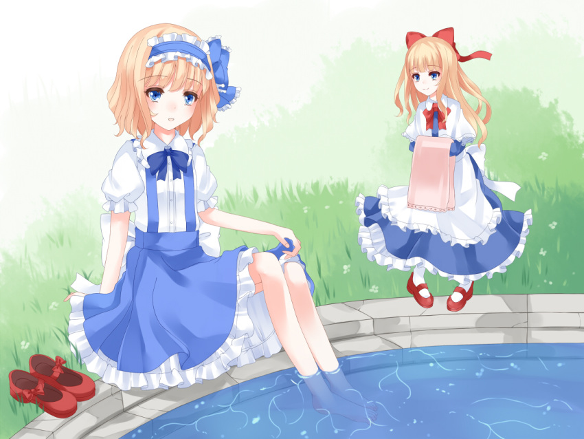 2girls alice_margatroid alice_margatroid_(pc-98) barefoot blonde_hair blue_dress blue_eyes capelet dress feet_in_water grass hairband long_hair mary_janes multiple_girls nanatuki13 open_mouth shanghai_doll shoes shoes_removed short_hair sitting smile soaking_feet touhou touhou_(pc-98) towel water white_legwear