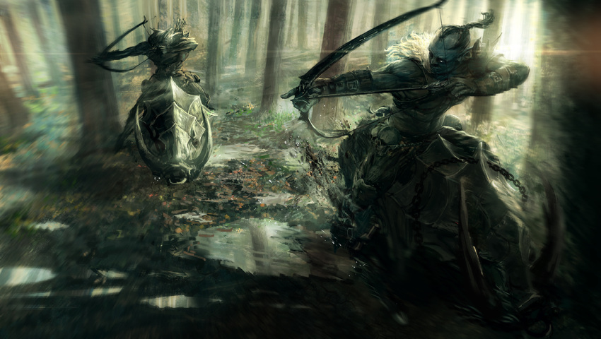 2boys action aiming animal armor arrow black_hair boots bow_(weapon) braid chain clothed_animal dirt fighting forest fur_trim gloves glowing glowing_eyes grass helmet lens_flare long_hair male_focus monster motion_blur multiple_boys muscle nature original ponytail puddle reflection riding running single_braid skull sun tree weapon you_(shimizu)