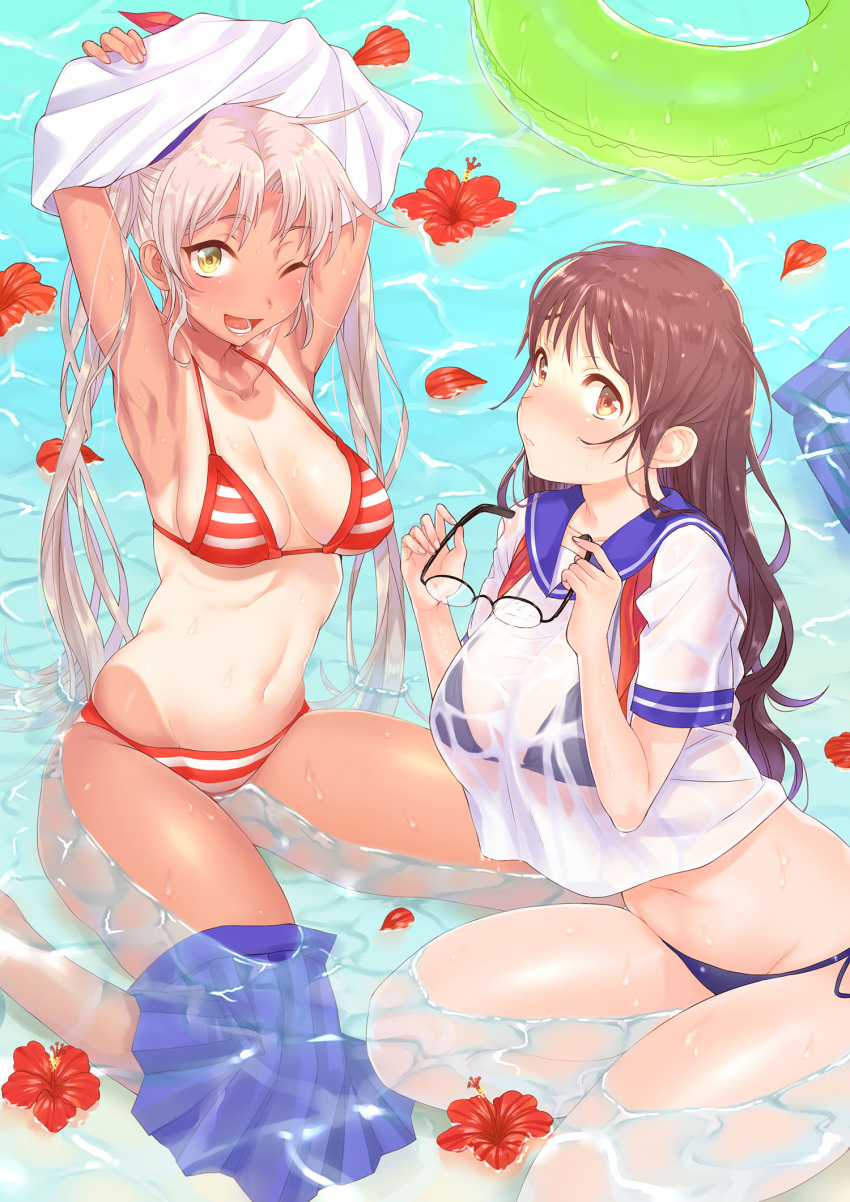 2girls ;d armpits arms_up artist_request bikini black_bikini breasts brown_eyes brown_hair cleavage flower glasses glasses_removed grey_hair highres innertube large_breasts long_hair multiple_girls navel one-piece_tan one_eye_closed open_mouth original partially_submerged petals pleated_skirt see-through side-tie_bikini sitting skirt skirt_around_one_leg smile string_bikini striped striped_bikini striped_swimsuit swimsuit tan tanline twintails undressing very_long_hair wariza wet wet_hair yellow_eyes