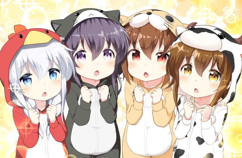 4girls akatsuki_(kantai_collection) alternate_costume alternate_hairstyle animal_costume bell_(oppore_coppore) bird_costume blue_eyes brown_eyes brown_hair cat_costume commentary_request cow_costume fang hibiki_(kantai_collection) hooded ikazuchi_(kantai_collection) inazuma_(kantai_collection) kantai_collection long_hair long_sleeves multiple_girls open_mouth pom_pom_(clothes) purple_hair silver_hair sparkle_background tiger_costume tiger_print violet_eyes