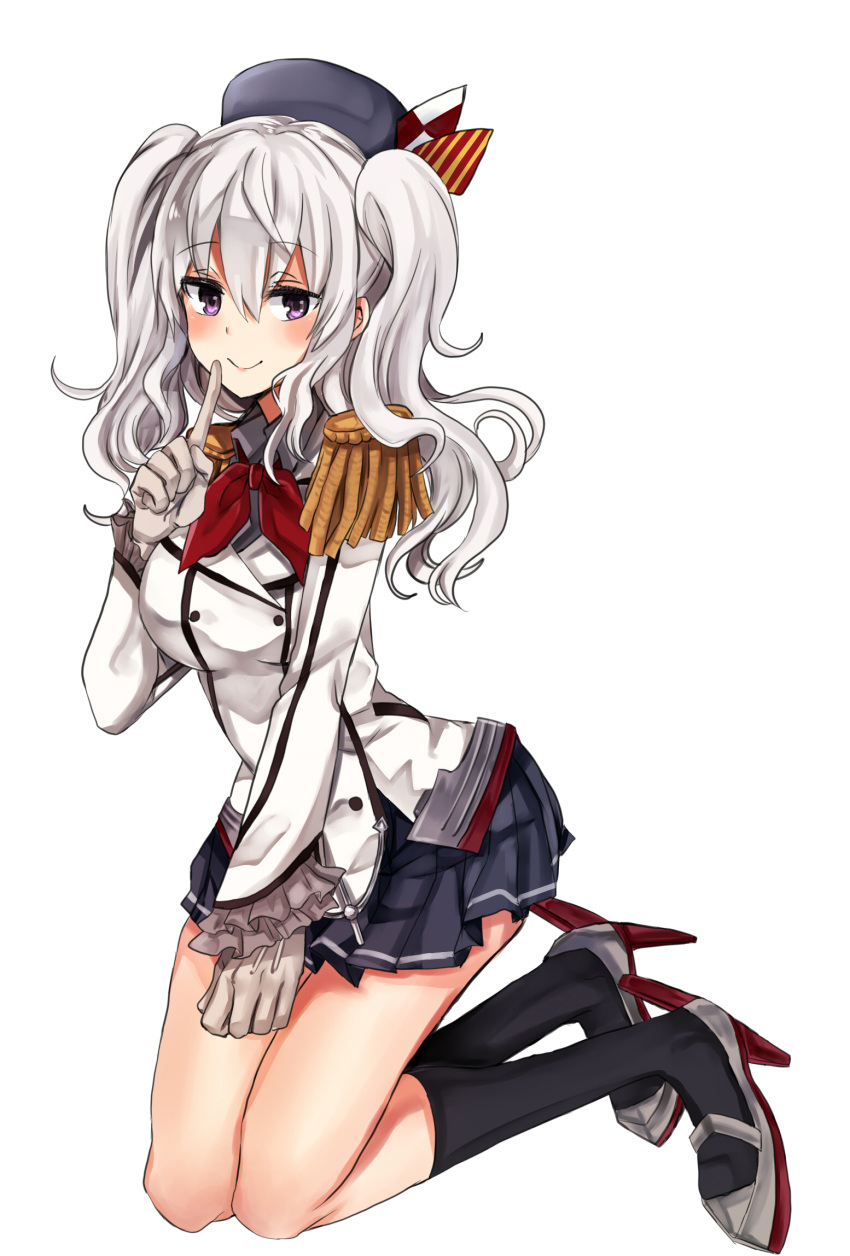 1girl black_legwear breasts buttons epaulettes finger_in_mouth frilled_skirt frills full_body gloves grey_eyes grey_hair hat highres jacket kantai_collection kashima_(kantai_collection) kneehighs large_breasts looking_at_viewer military military_uniform miniskirt retsuto_(250letttt) sidelocks simple_background skirt smile solo twintails uniform wavy_hair white_background white_gloves