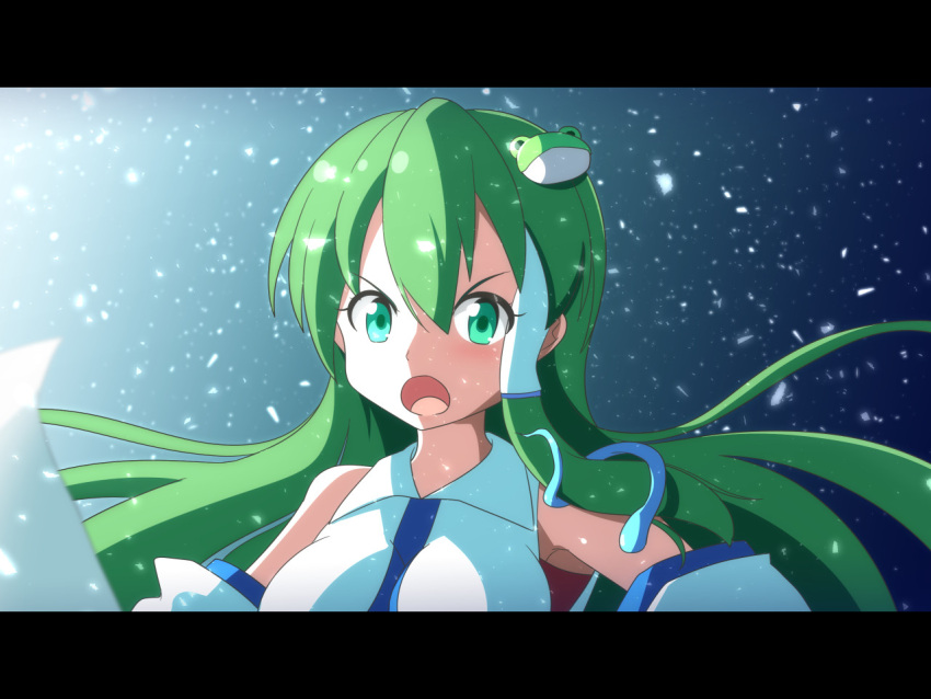 1girl angry anime_coloring blush cato_(monocatienus) commentary_request d:&lt; detached_sleeves fake_screenshot frog_hair_ornament green_eyes green_hair hair_ornament hair_tubes kochiya_sanae letterboxed long_hair snake_hair_ornament solo touhou upper_body very_long_hair
